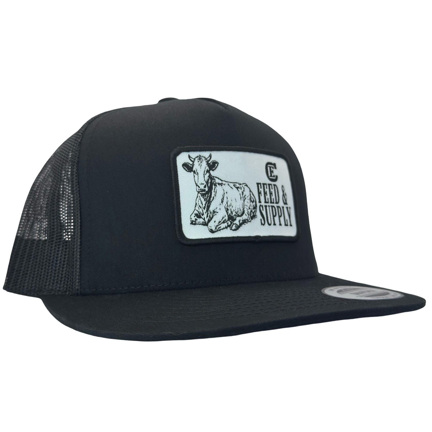 Yupoong 6006 snapback hat with patch that contains graphic of a sitting cow, the words Feed & Supply, and the CE logo. #black