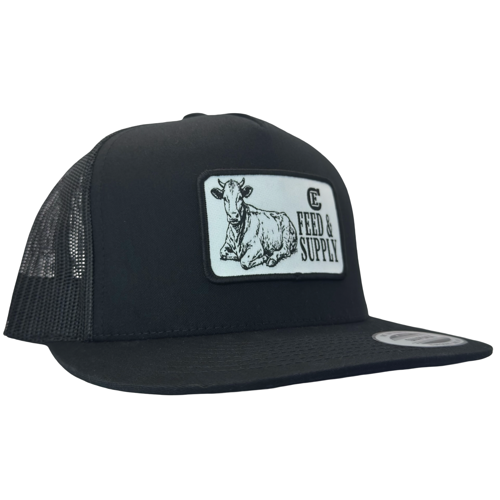 Yupoong 6006 snapback hat with patch that contains graphic of a sitting cow, the words Feed & Supply, and the CE logo. #black