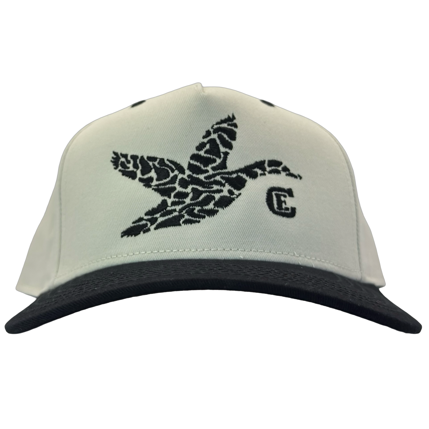 legacy heritage hta snapback with graphic of flying duck in a duck camo pattern with CE logo #black