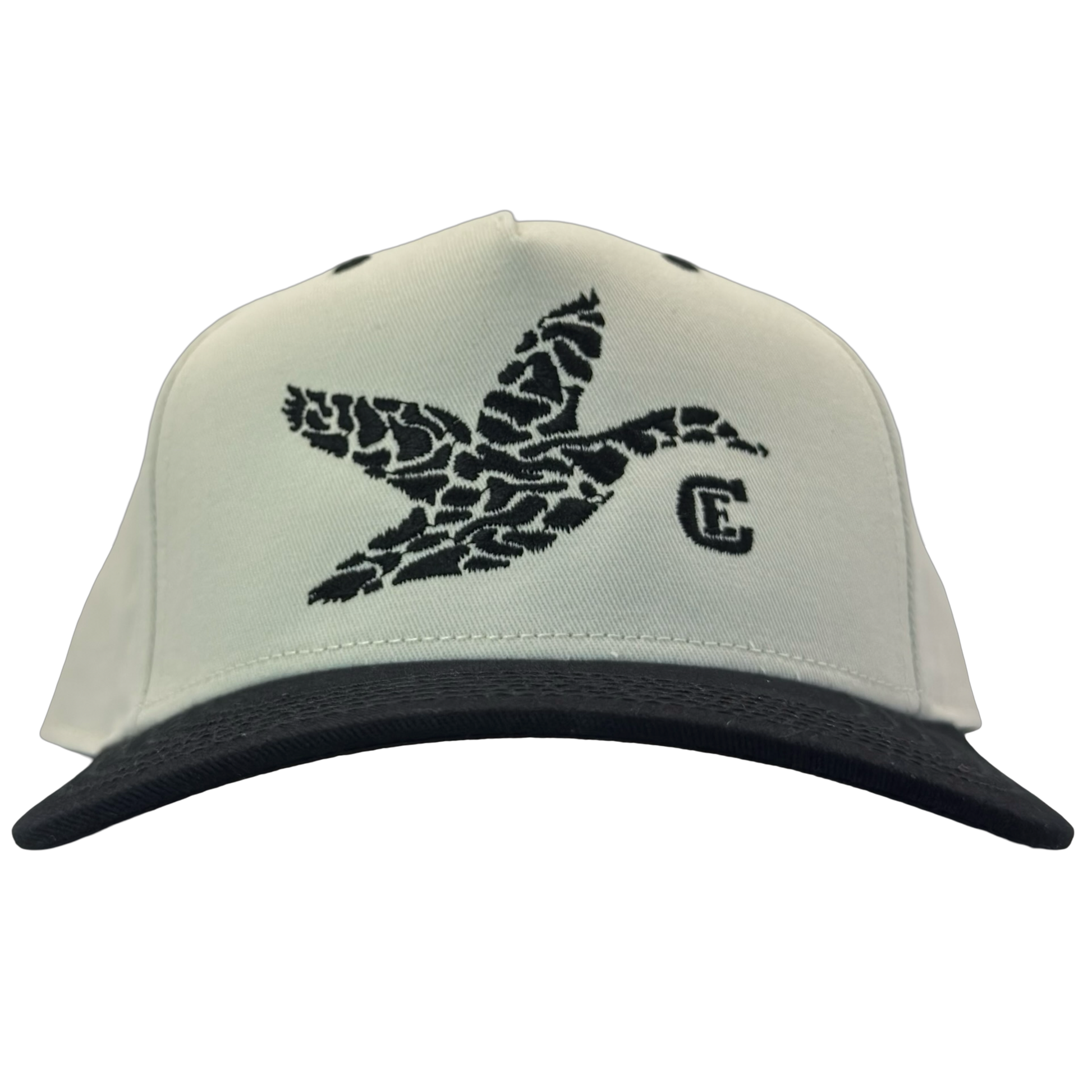 legacy heritage hta snapback with graphic of flying duck in a duck camo pattern with CE logo #black