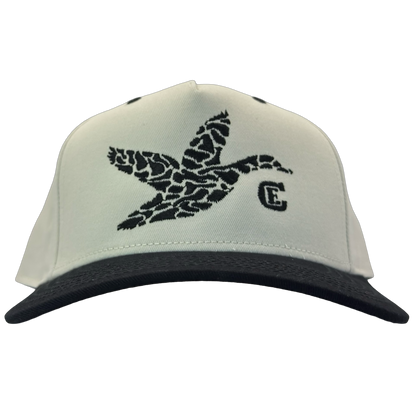 legacy heritage hta snapback with graphic of flying duck in a duck camo pattern with CE logo #black