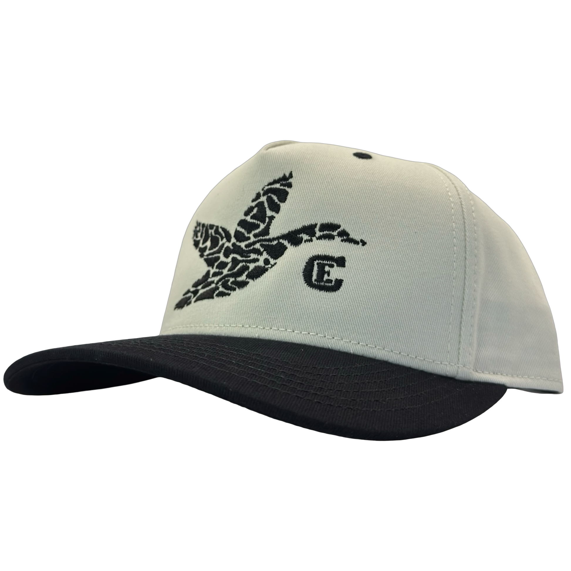legacy heritage hta snapback with graphic of flying duck in a duck camo pattern with CE logo #black