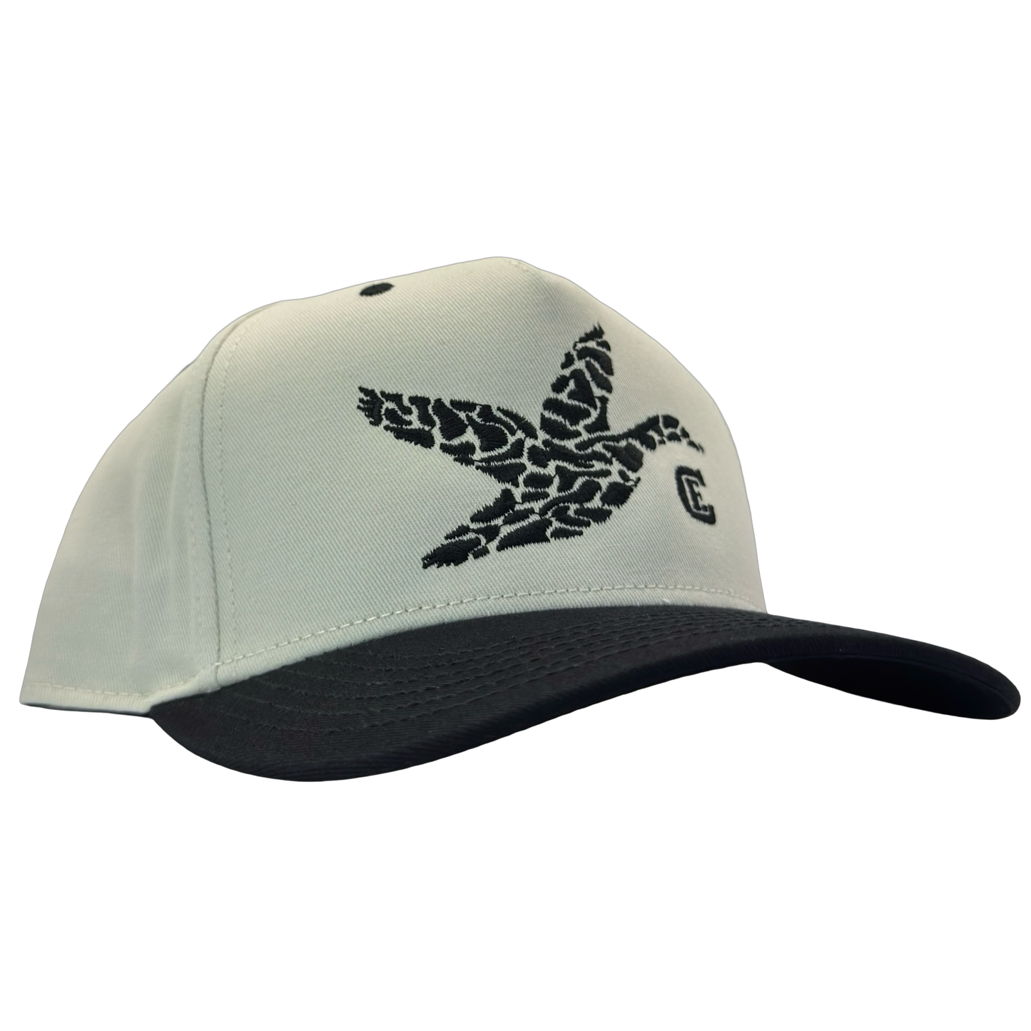 legacy heritage hta snapback with graphic of flying duck in a duck camo pattern with CE logo #black