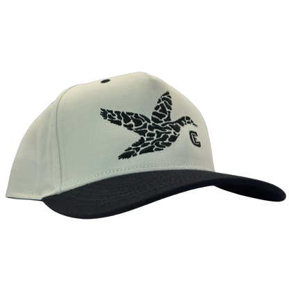 legacy heritage hta snapback with graphic of flying duck in a duck camo pattern with CE logo #black