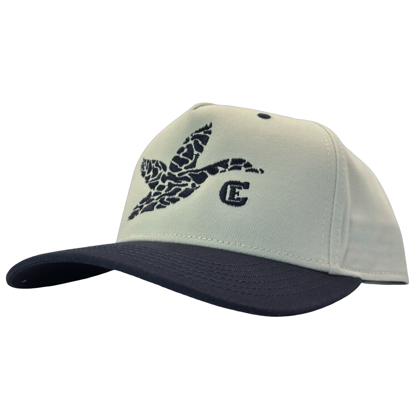legacy heritage hta snapback with graphic of flying duck in a duck camo pattern with CE logo #navy