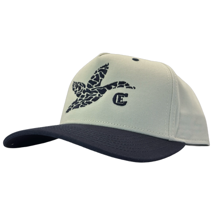 legacy heritage hta snapback with graphic of flying duck in a duck camo pattern with CE logo #navy