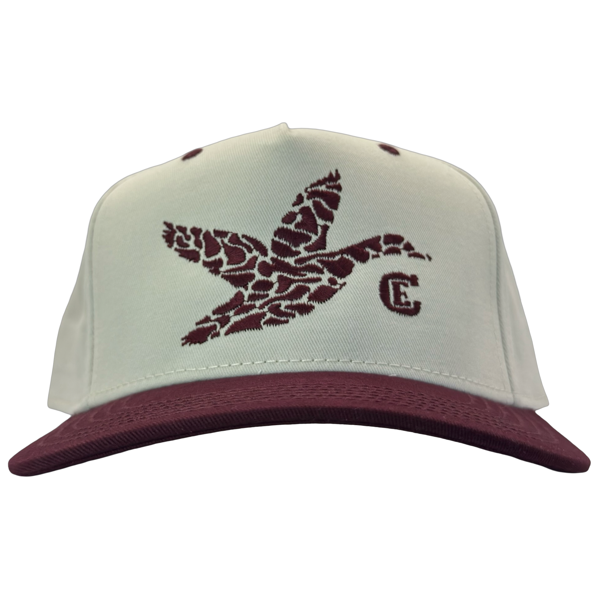 legacy heritage hta snapback with graphic of flying duck in a duck camo pattern with CE logo #wine