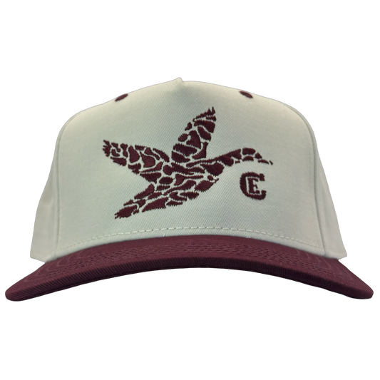 legacy heritage hta snapback with graphic of flying duck in a duck camo pattern with CE logo #wine