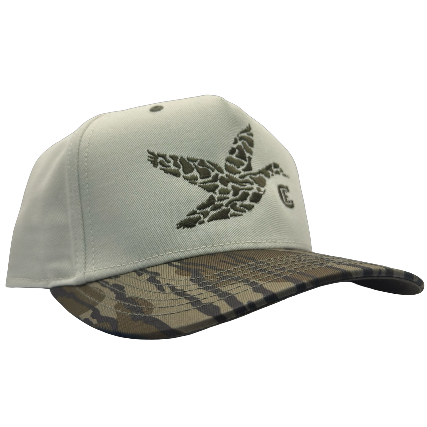 legacy heritage snapback with graphic of flying duck in a duck camo pattern with CE logo #bottomland