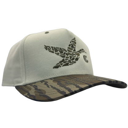 legacy heritage snapback with graphic of flying duck in a duck camo pattern with CE logo #bottomland
