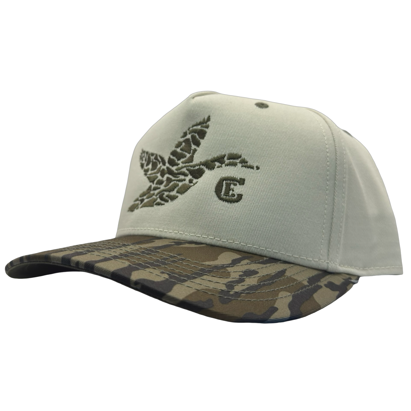 legacy heritage snapback with graphic of flying duck in a duck camo pattern with CE logo #bottomland