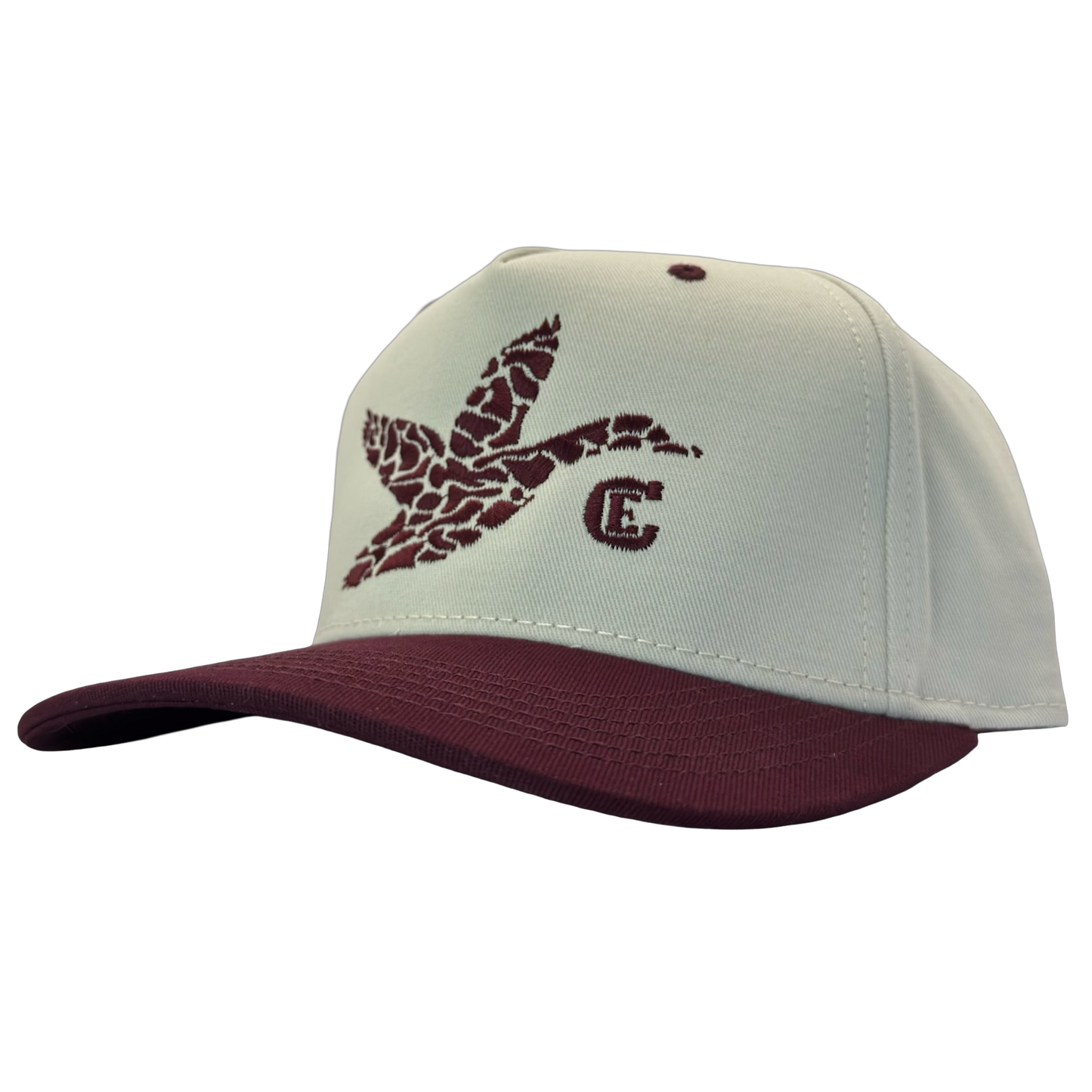 legacy heritage hta snapback with graphic of flying duck in a duck camo pattern with CE logo #wine