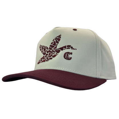 legacy heritage hta snapback with graphic of flying duck in a duck camo pattern with CE logo #wine
