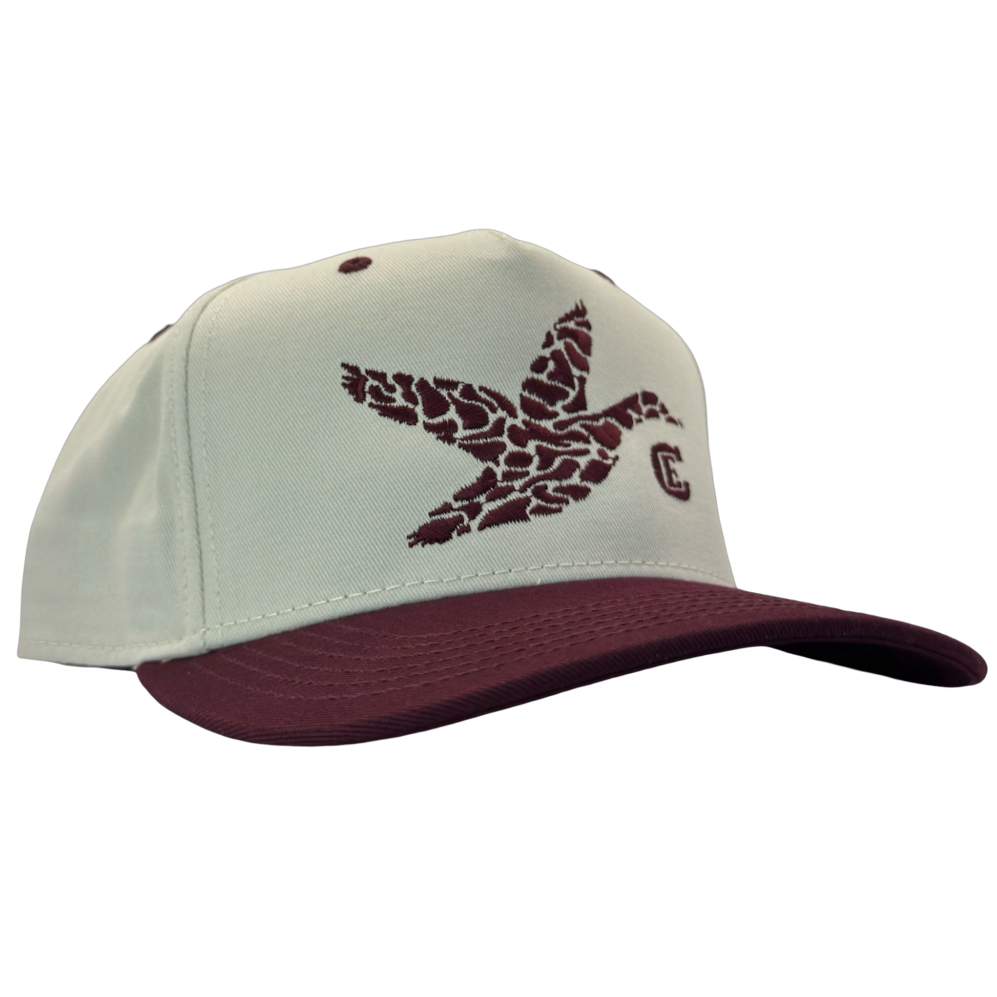 legacy heritage hta snapback with graphic of flying duck in a duck camo pattern with CE logo #wine
