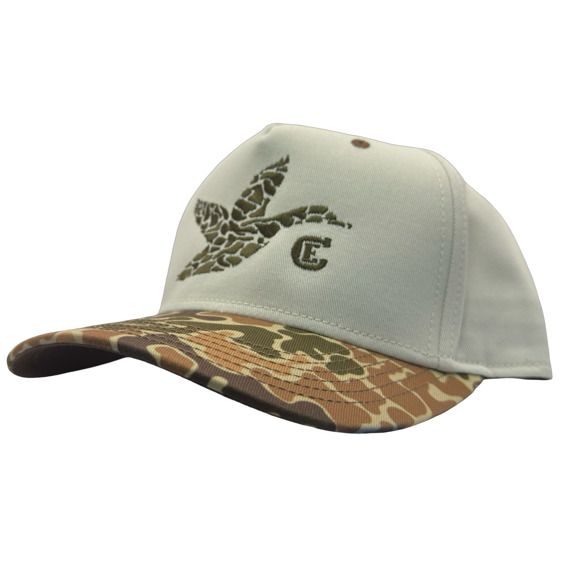 legacy heritage snapback with graphic of flying duck in a duck camo pattern with CE logo #duckcamo