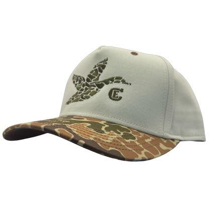 legacy heritage snapback with graphic of flying duck in a duck camo pattern with CE logo #duckcamo