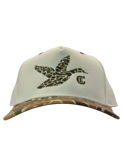 legacy heritage hta snapback with graphic of flying duck in a duck camo pattern with CE logo #duckcamo