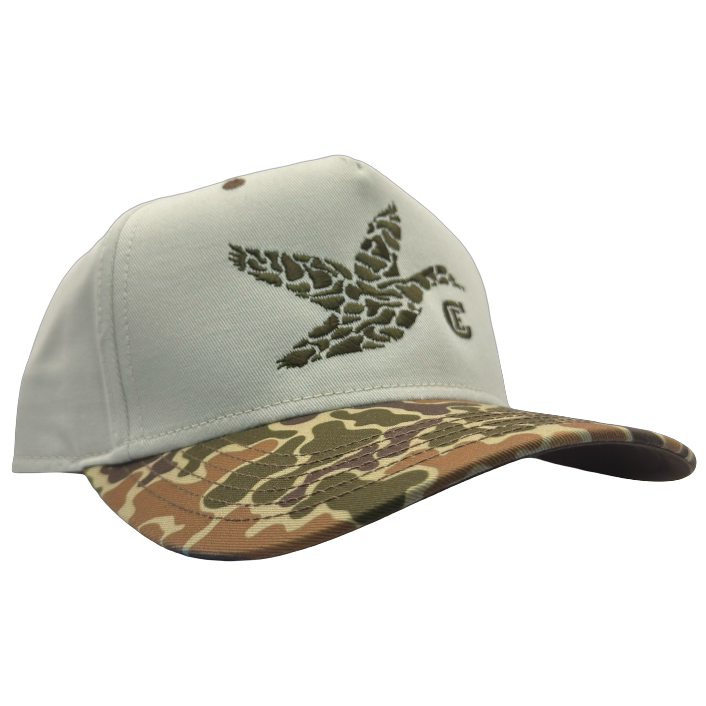 legacy heritage snapback with graphic of flying duck in a duck camo pattern with CE logo #duckcamo