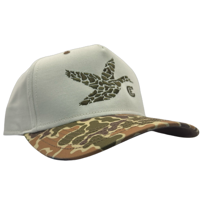 legacy heritage snapback with graphic of flying duck in a duck camo pattern with CE logo #duckcamo