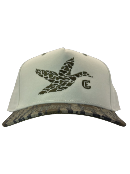legacy heritage hta snapback with graphic of flying duck in a duck camo pattern with CE logo #bottomland