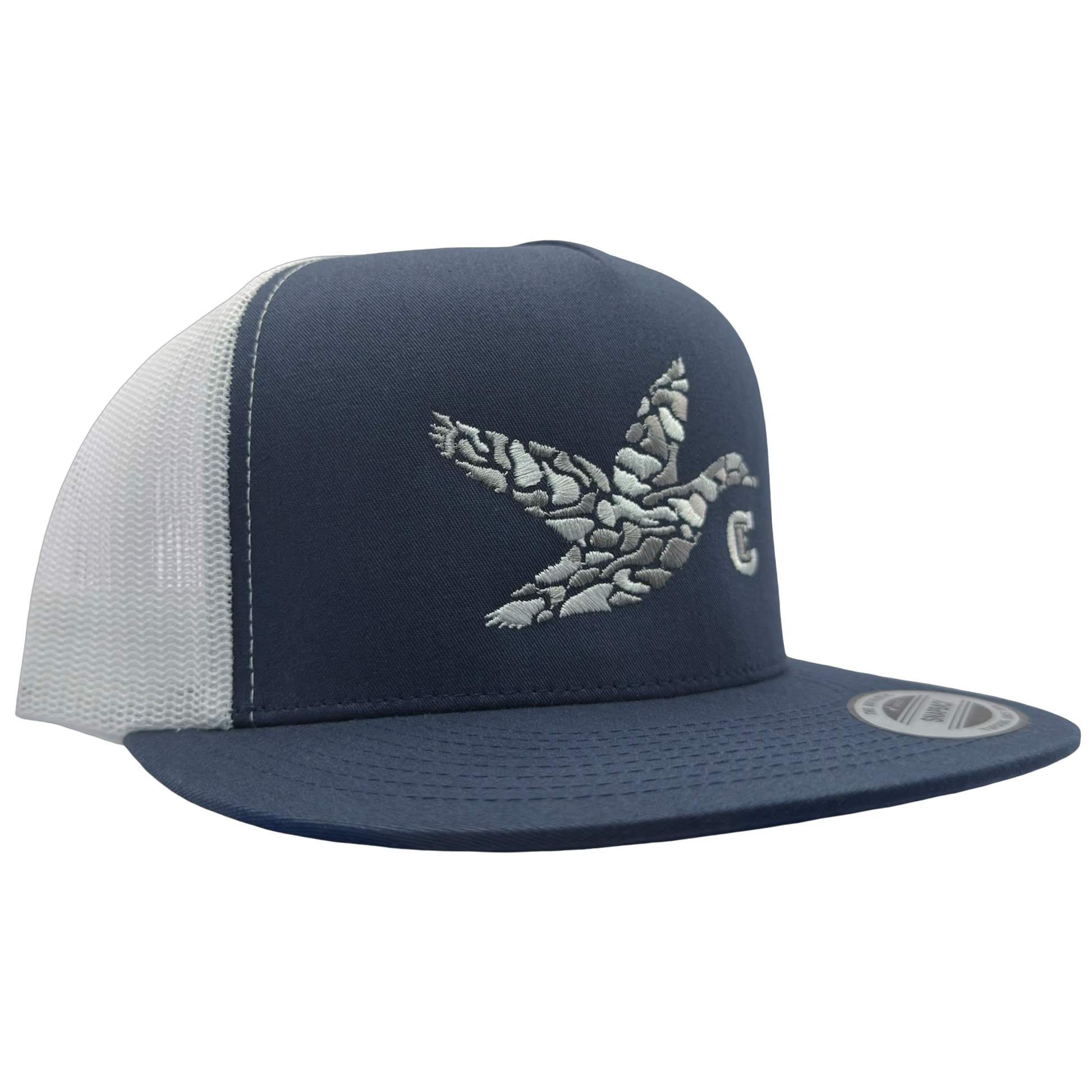 Yupoong 6006 snapback with graphic of duck and the CE logo #navy/white