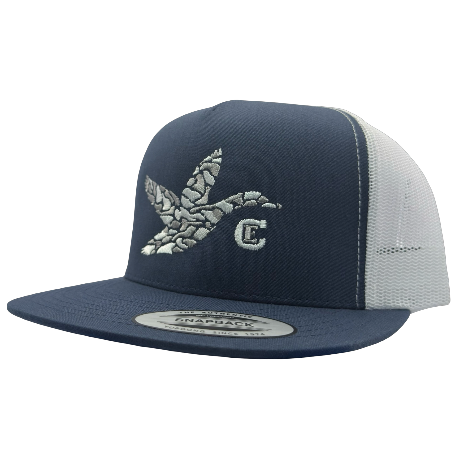 Yupoong 6006 snapback with graphic of duck and the CE logo #navy/white