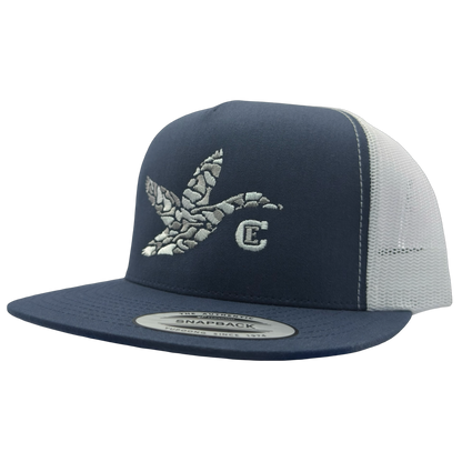 Yupoong 6006 snapback with graphic of duck and the CE logo #navy/white