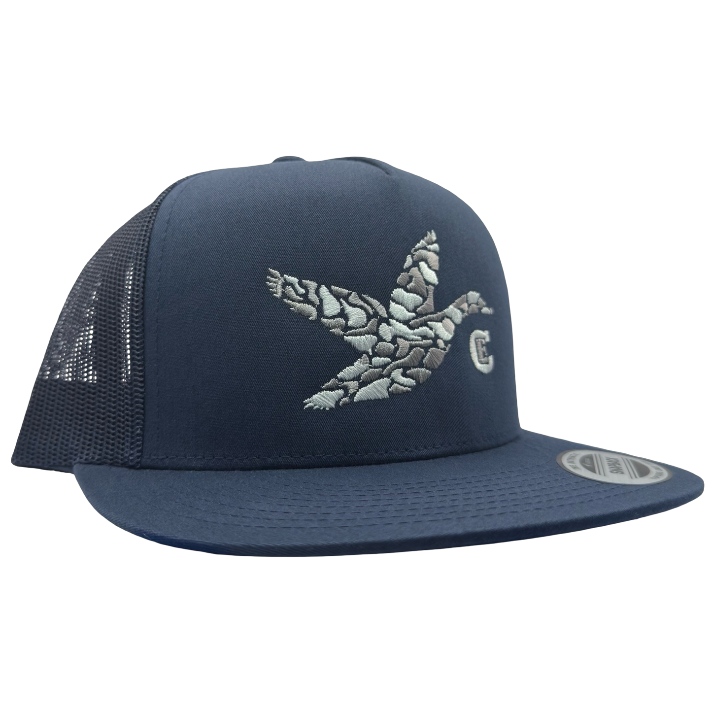 Yupoong 6006 snapback with graphic of duck and the CE logo #navy
