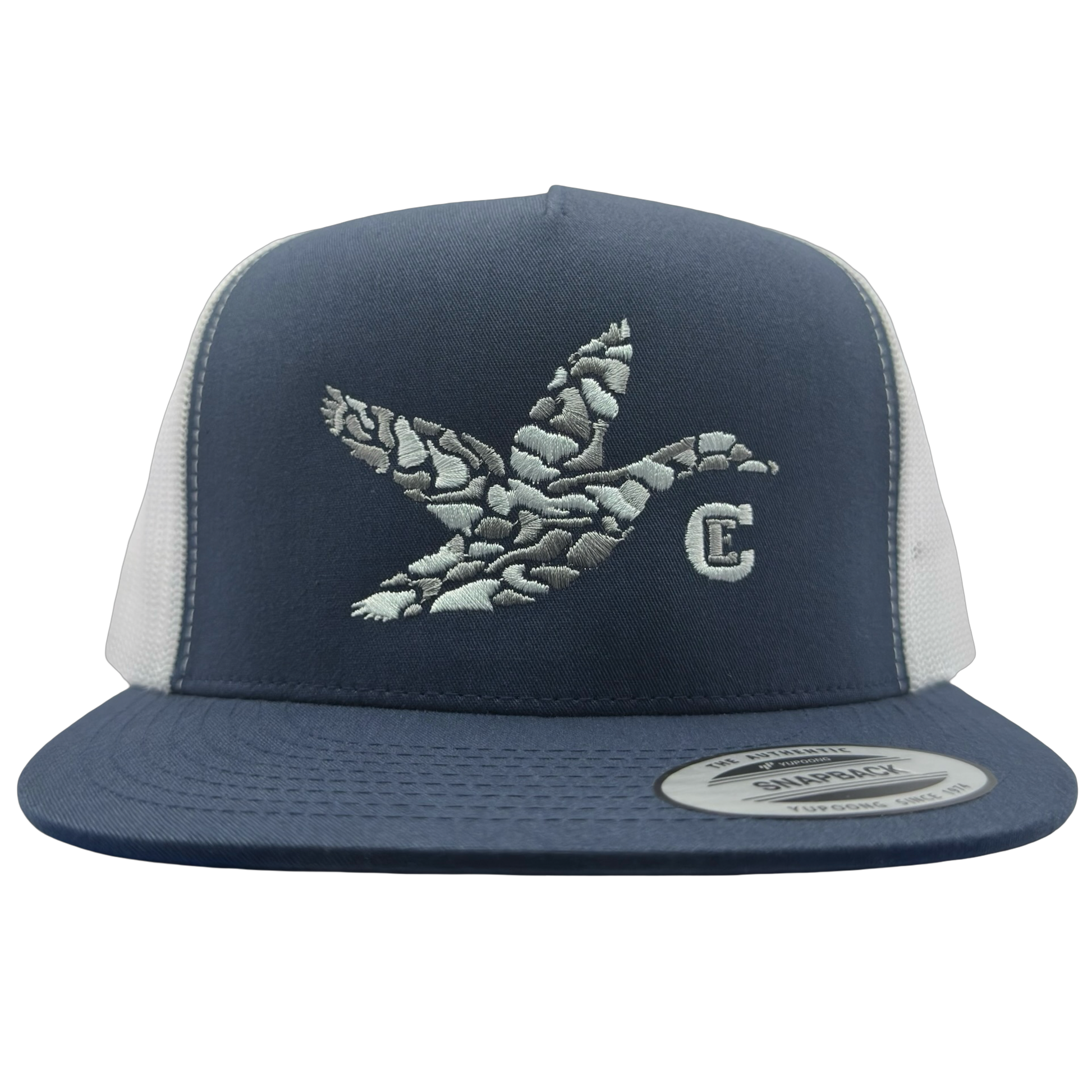 Yupoong 6006 snapback with graphic of duck and the CE logo #navy/white