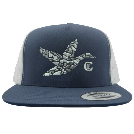 Yupoong 6006 snapback with graphic of duck and the CE logo #navy/white