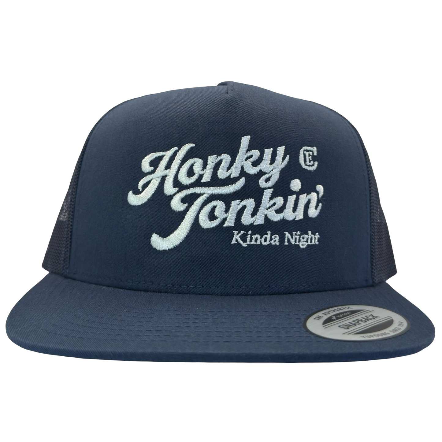 Yupoong 6006 flat bill hat with words honky tonkin' kinda night and CE logo #navy