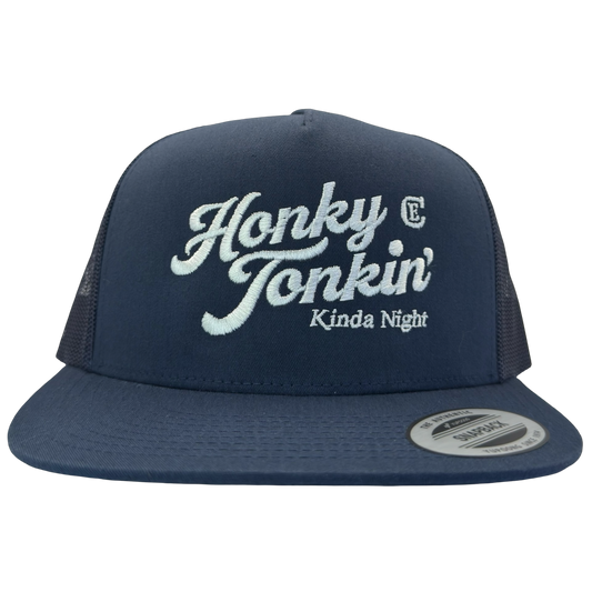 Yupoong 6006 flat bill hat with words honky tonkin' kinda night and CE logo #navy