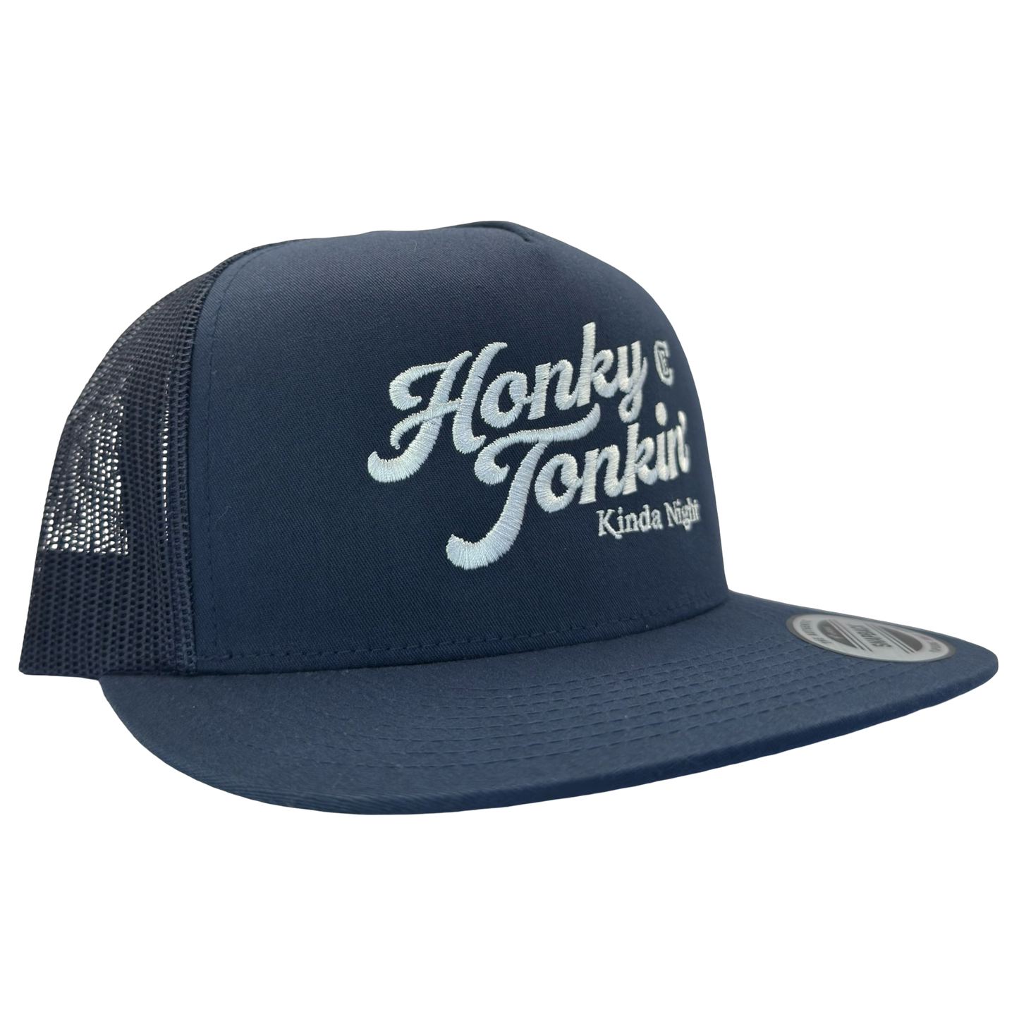 Yupoong 6006 flat bill hat with words honky tonkin' kinda night and CE logo #navy