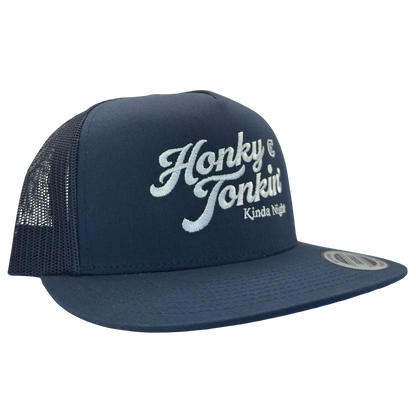 Yupoong 6006 flat bill hat with words honky tonkin' kinda night and CE logo #navy