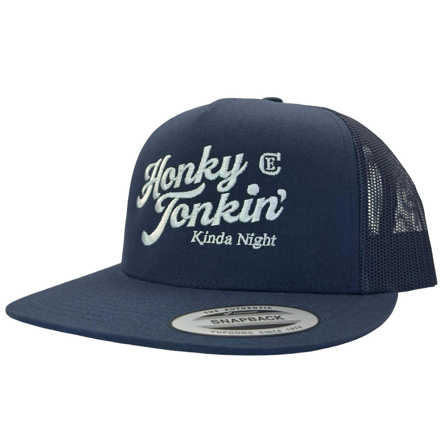 Yupoong 6006 flat bill hat with words honky tonkin' kinda night and CE logo #navy