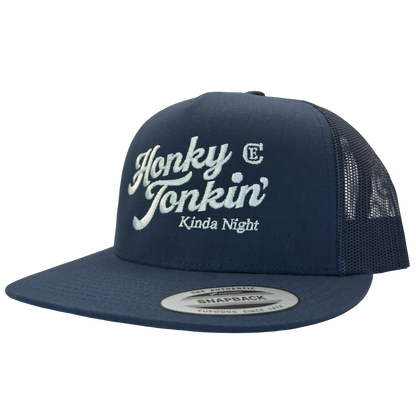 Yupoong 6006 flat bill hat with words honky tonkin' kinda night and CE logo #navy