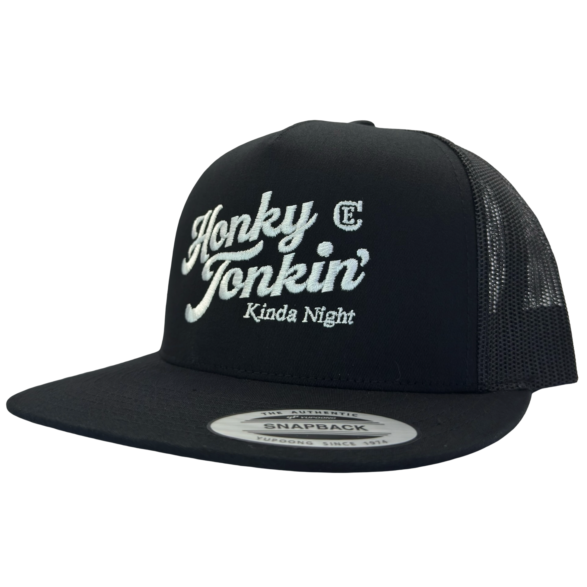 Yupoong 6006 flat bill hat with words honky tonkin' kinda night and CE logo #black