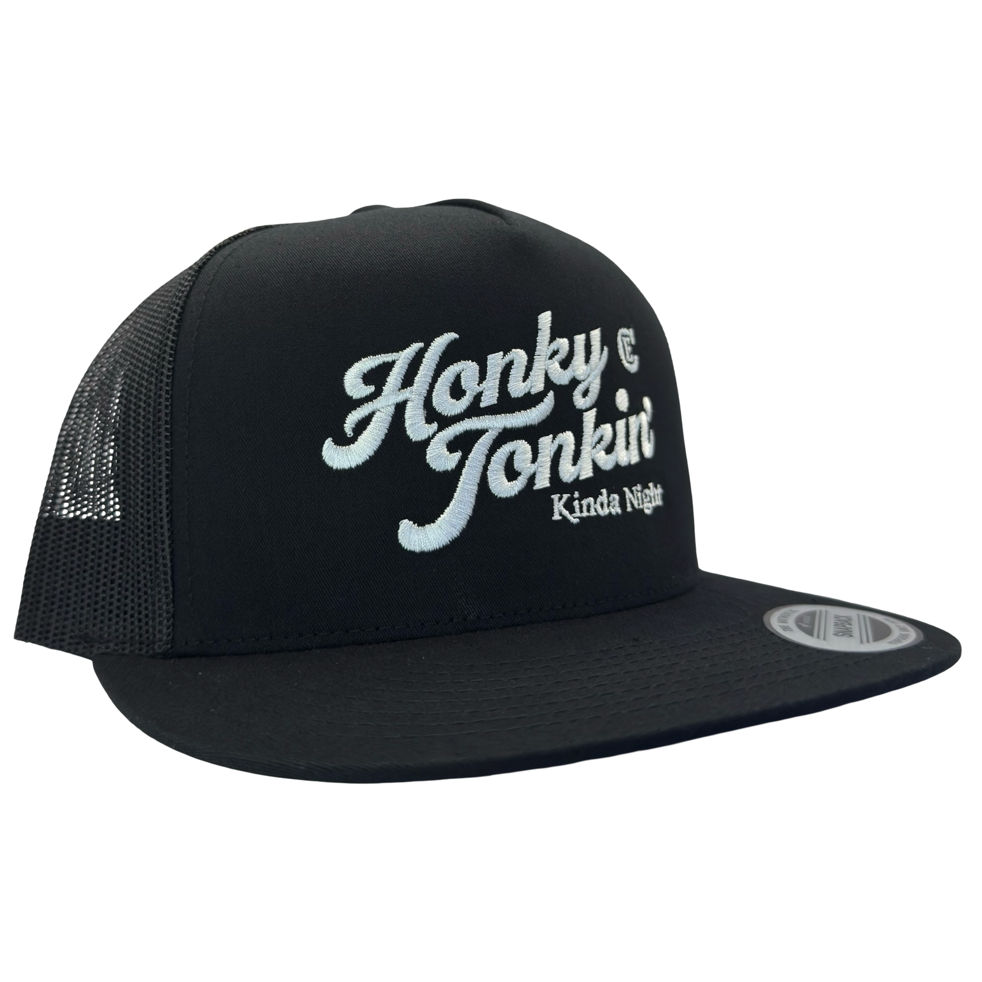 Yupoong 6006 flat bill hat with words honky tonkin' kinda night and CE logo #black
