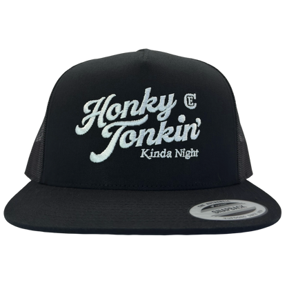Yupoong 6006 flat bill hat with words honky tonkin' kinda night and CE logo #black