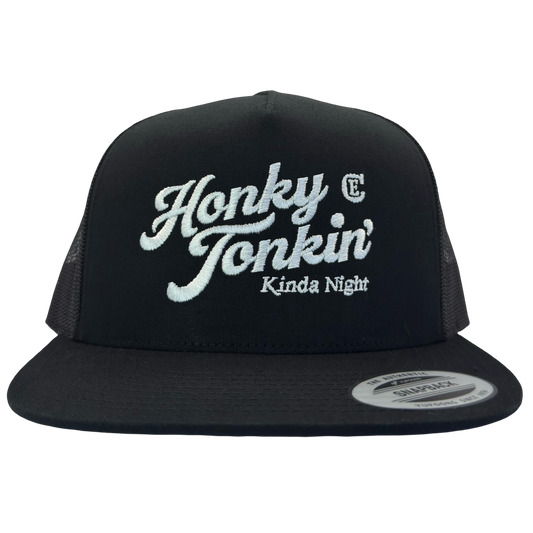 Yupoong 6006 flat bill hat with words honky tonkin' kinda night and CE logo #black