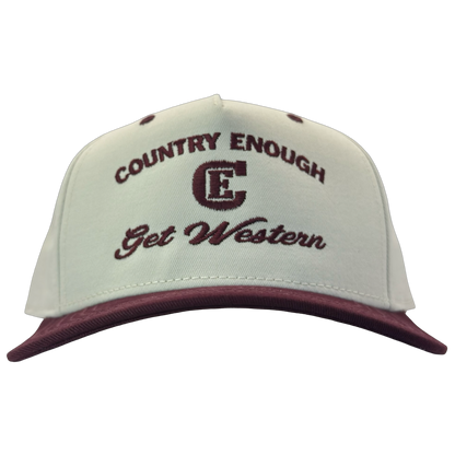 legacy heritage snapback hat with words country enough get western and graphic of CE logo #wine