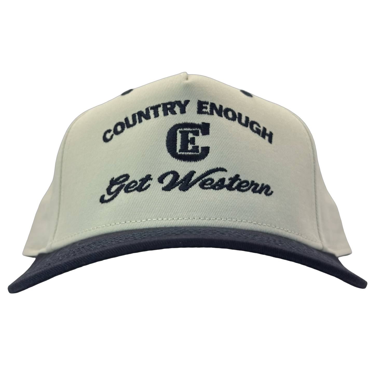 legacy heritage snapback hat with words country enough get western and graphic of CE logo #navy