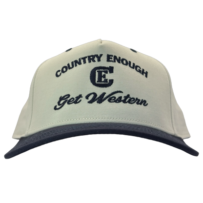 legacy heritage snapback hat with words country enough get western and graphic of CE logo #navy