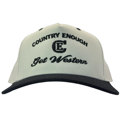 legacy heritage snapback hat with words country enough get western and graphic of CE logo #black