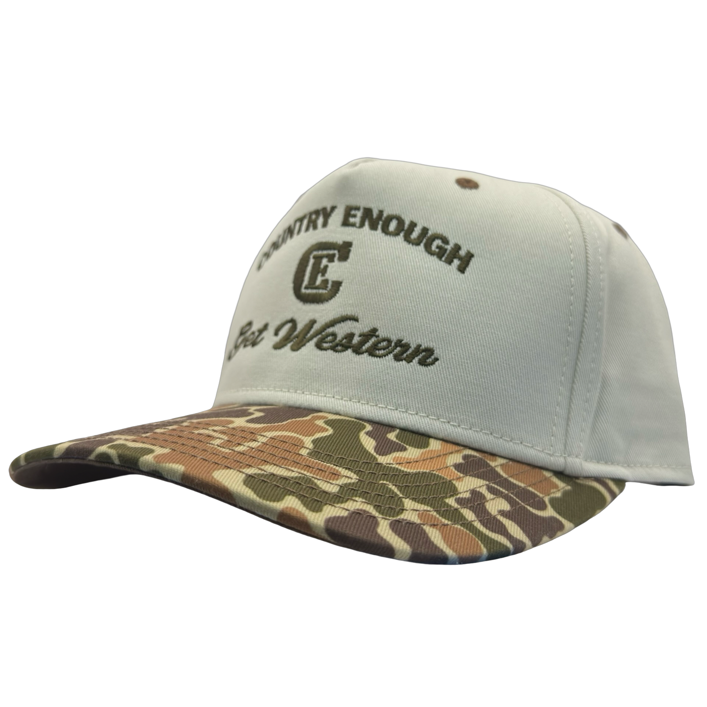 legacy heritage snapback hat with words country enough get western and graphic of CE logo #duckcamo