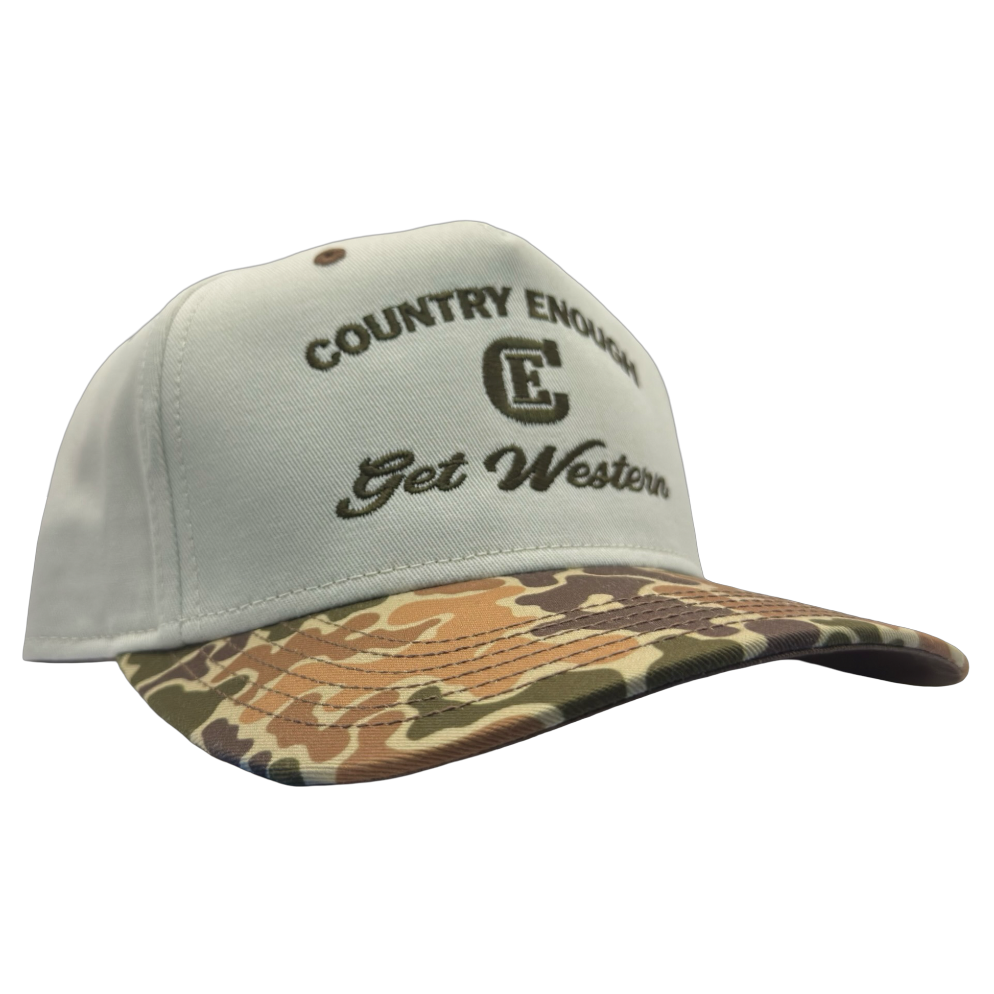 legacy heritage snapback hat with words country enough get western and graphic of CE logo #duckcamo