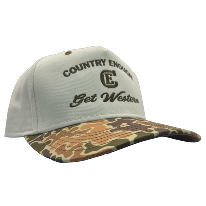 legacy heritage snapback hat with words country enough get western and graphic of CE logo #duckcamo