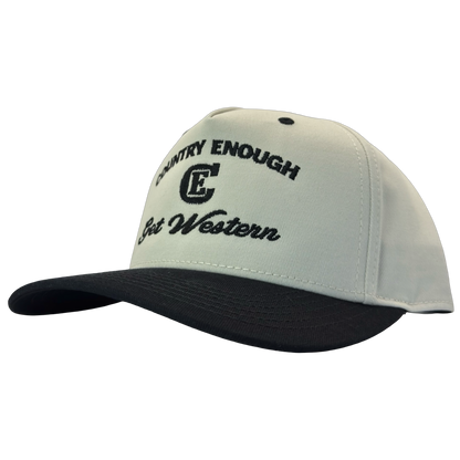 legacy heritage snapback hat with words country enough get western and graphic of CE logo #black