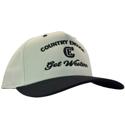 legacy heritage snapback hat with words country enough get western and graphic of CE logo #black