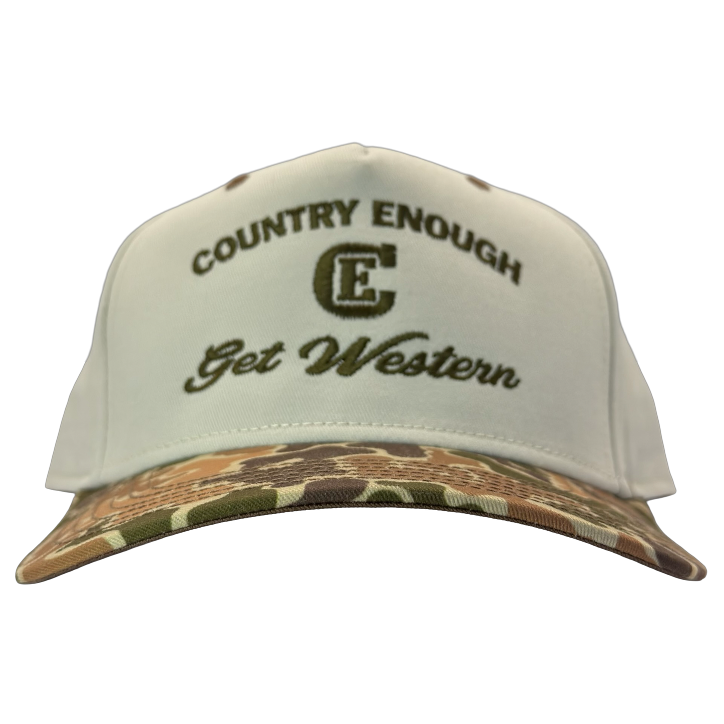 legacy heritage snapback hat with words country enough get western and graphic of CE logo #duckcamo